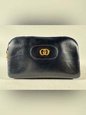 Gucci Vintage Navy Leather Pouch with Gold Double G Accent. Great condition